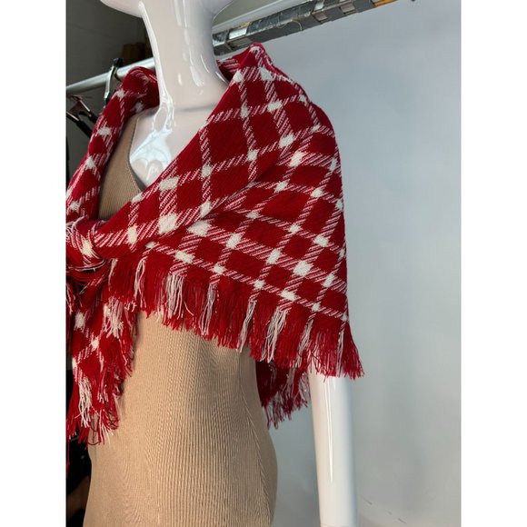 Red Plaid Scarf Shawl With Fringe 43" x 43" Polyester Blend - Picture 8 of 16